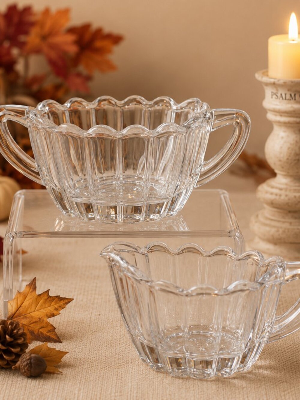 Heisey Crystolite Creamer & Sugar Bowl Set Vintage Clear Glass Ribbed Pattern